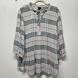 Torrid Tunic 3X Popover Plaid Long Sleeve Twill Tie Neck Blouse Peasant Boho New
